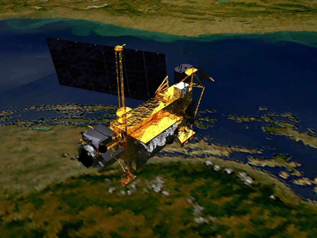 An artist's concept of the Upper Atmosphere Research Satellite (UARS) satellite in space. The 6 1/2-ton satellite was deployed from space shuttle Discovery in 1991