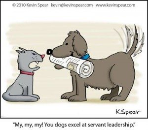 Cartoon of a dog and cat. The cat says, "My, my, my! You dogs excel at servant leadership."
